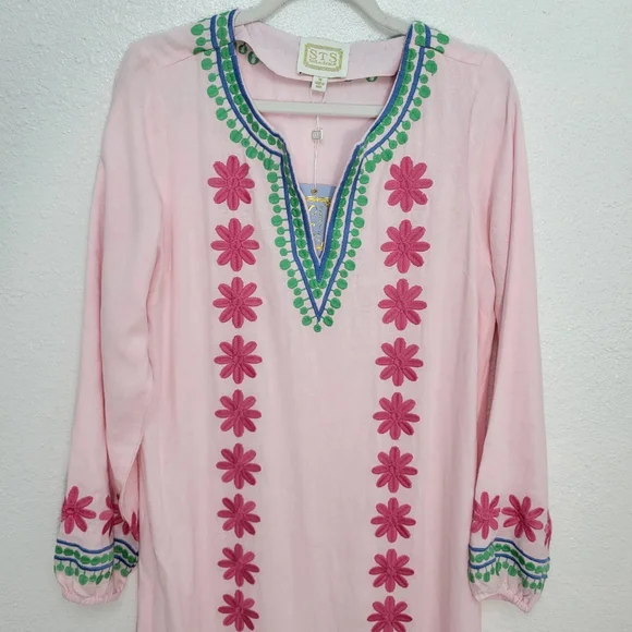 Sail to Sable Pink/Green Embroidered Maxi Size S NWT Resortwear Caftan - Picture 4 of 9